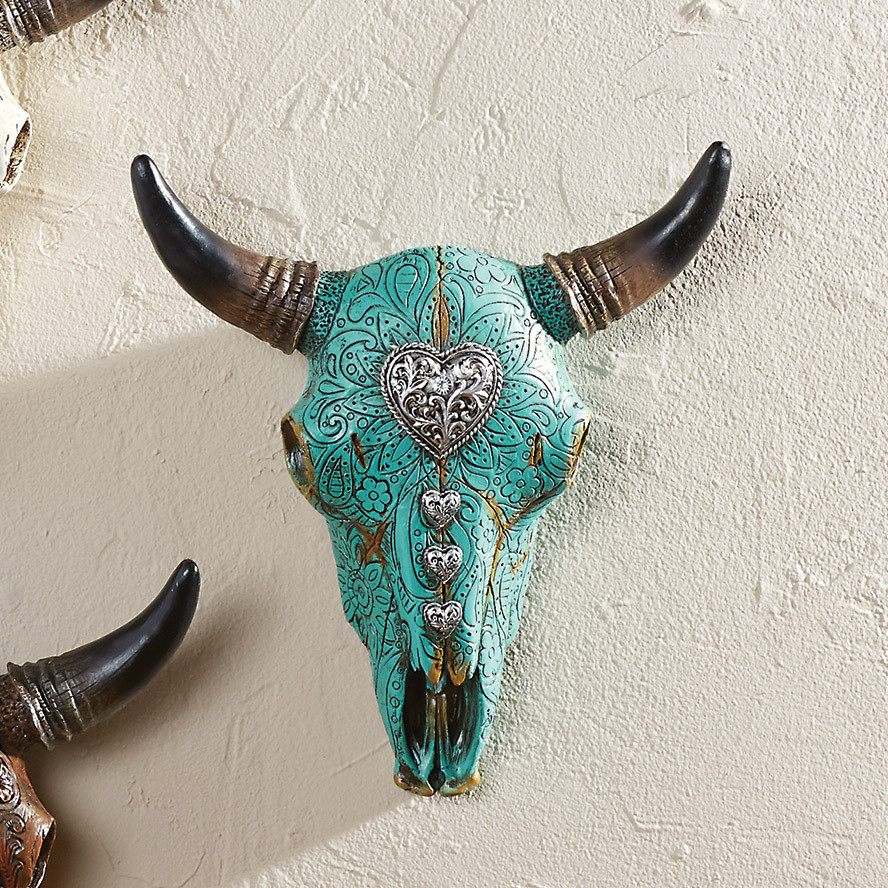 Turquoise Steer Skull with Heart Wall Hanging Black Forest Decor