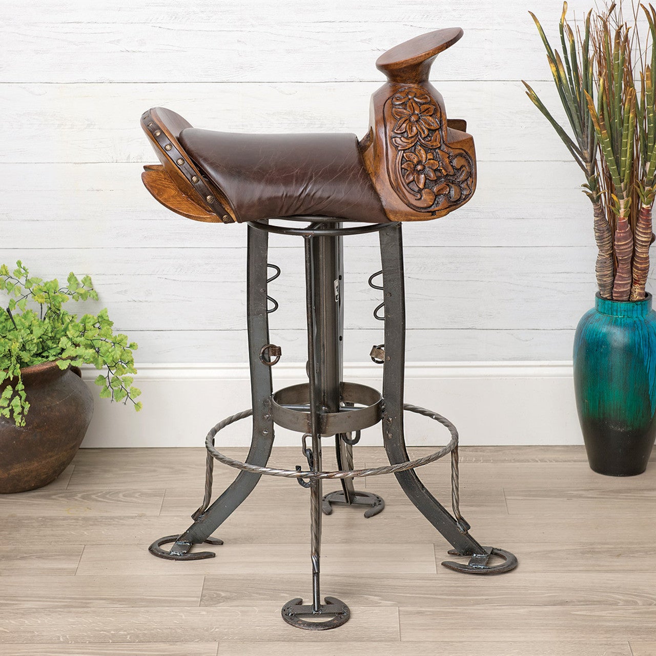 Carved Wood Saddle Barstool Black Forest Decor