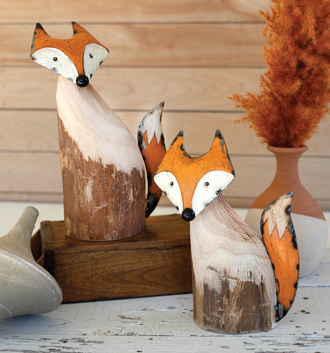 Carved Fox Statuaries - Set of 2 | Black Forest Decor