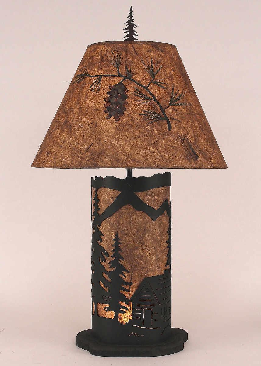 Rustic Table Lamps: Small Cabin Scene Table Lamp with Nightlight