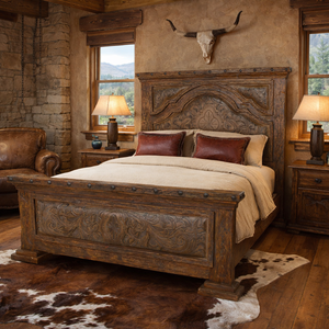 Roundup Solid Wood & Tooled Leather Beds