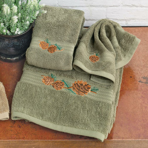 Pine Branch Green Embroidered Towels
