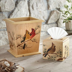 Cardinal Perch Wood Tissue Box & Waste Basket
