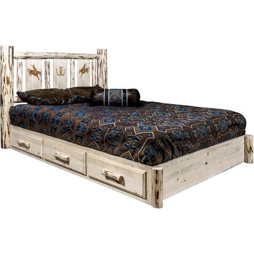 Frontier Platform Bed with Storage & Laser-Engraved Bronc Design - King