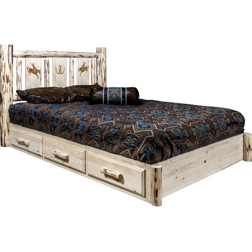 Frontier Platform Bed with Storage & Laser-Engraved Bronc Design - Queen