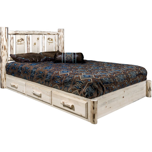 Frontier Platform Bed with Storage & Laser-Engraved Moose Design - King