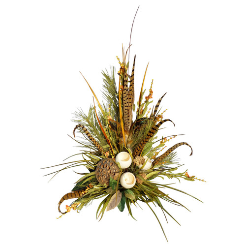 Greenery Arrangement with Pods and Feathers