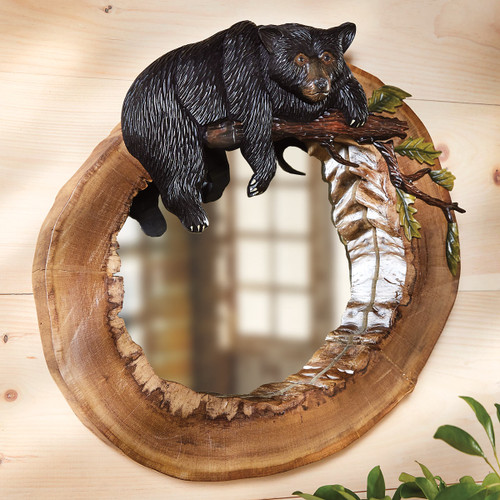Hollow Log Bear Carved Wood Wall Mirror