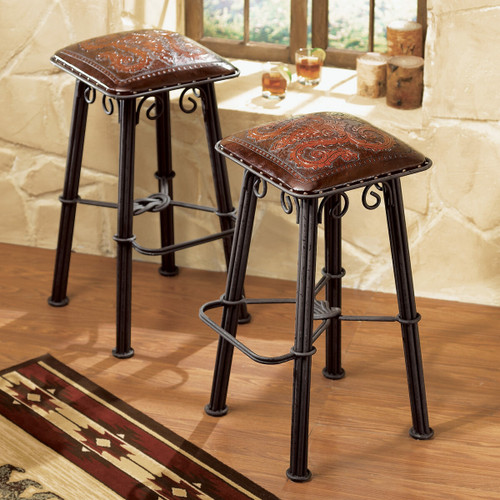 Coronado Iron Barstool with Tooled Leather Seat - Set of 2