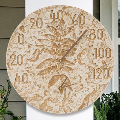 Leaves Indoor/Outdoor Wall Clock & Thermometer - Weathered Limestone