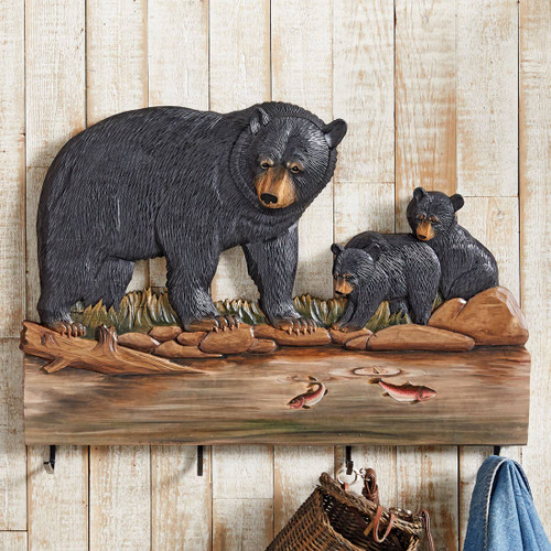 Mama Bear & Cubs Carved Wood Coat Rack