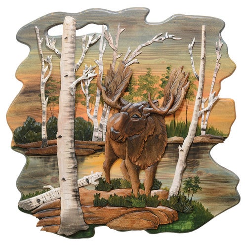 Moose in Birch Wood Wall Carving