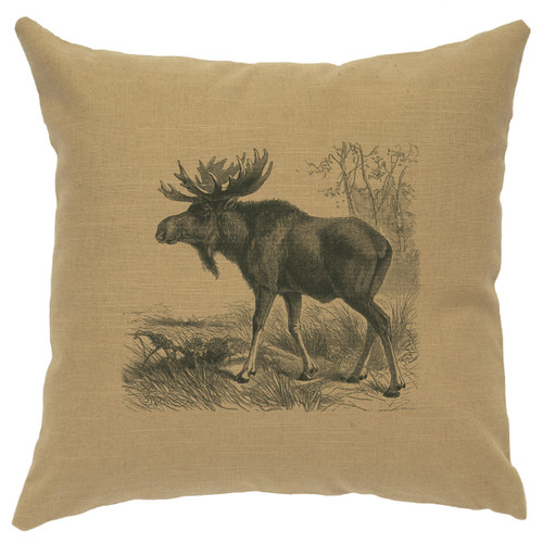 Moose Scene Linen Pillow - Straw