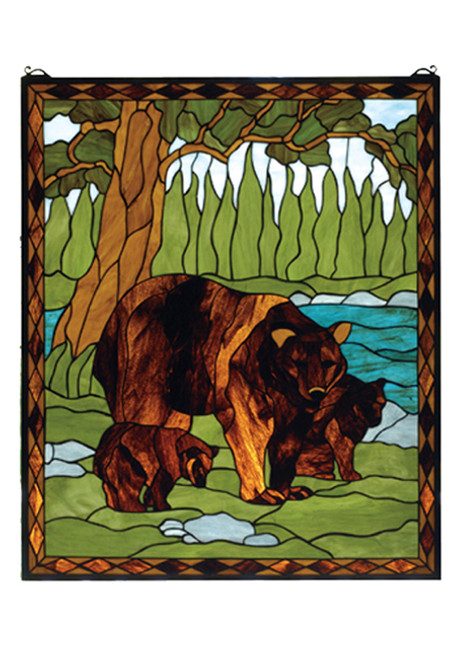 Bear and Cubs Spring Woods Stained Glass Window