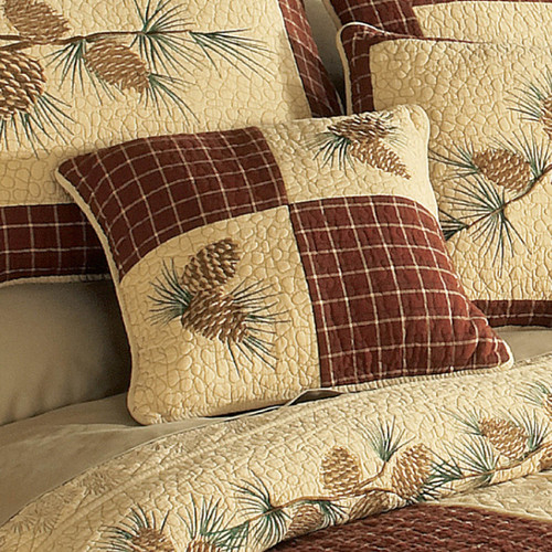 Pinecone Plaid Embroidered Corners Pillow
