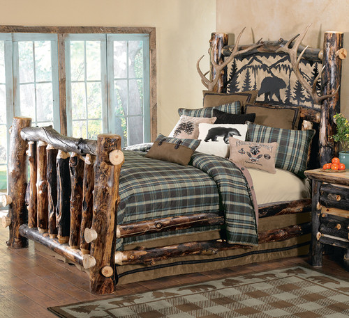 Aspen Log & Antler Bed with Metal Art Bear - Twin