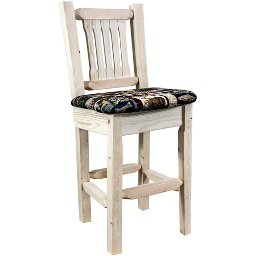 Ranchman's Barstool with Back, Woodland Upholstered Seat & Clear Lacquer Finish