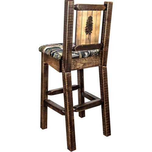 Ranchman's Counter Stool with Back & Laser-Engraved Pine Tree Design