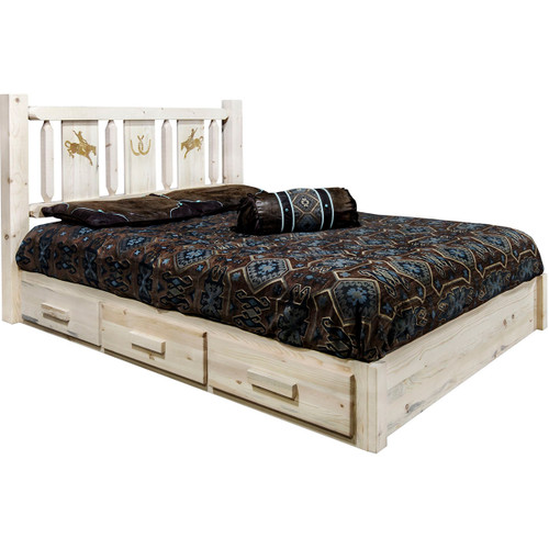 Ranchman's Platform Bed with Storage & Laser-Engraved Bronc Design - Queen