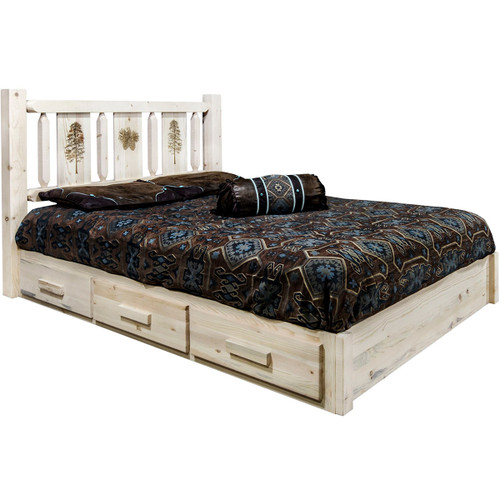 Ranchman's Platform Bed with Storage & Laser-Engraved Pine Design - Queen