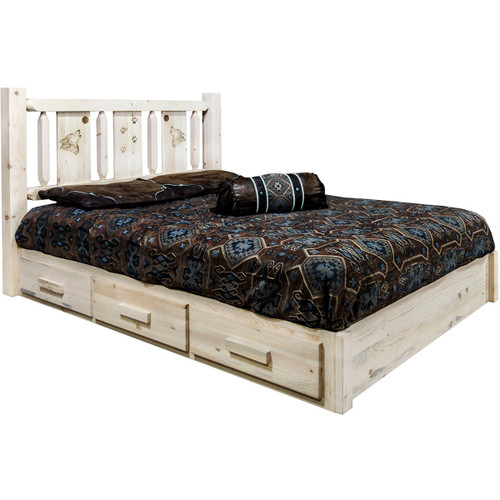 Ranchman's Platform Bed with Storage & Laser-Engraved Wolf Design - Cal King