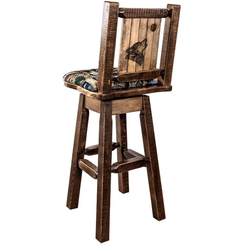 Ranchman's Woodland Upholstery Counter Stool with Back, Swivel & Laser-Engraved Wolf Design