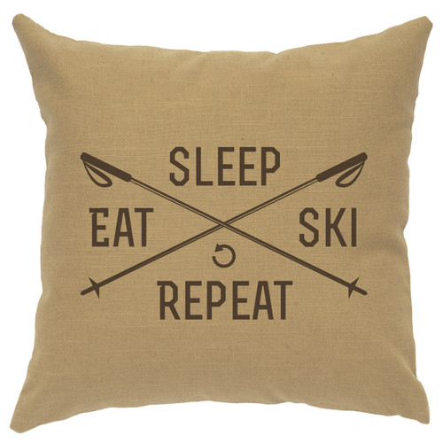 Sleep Eat Ski Repeat Linen Pillow - Straw
