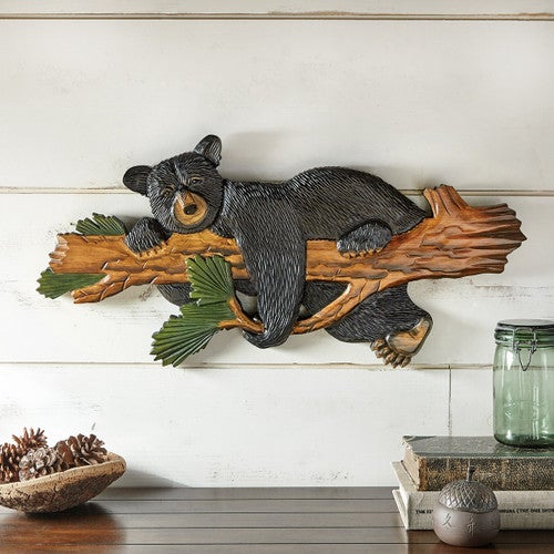 Sleepy Bear Carved Wood Wall Art