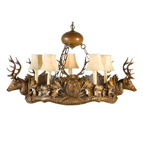 Small Stag Head 5-Light Chandelier - Faux Leather Shades