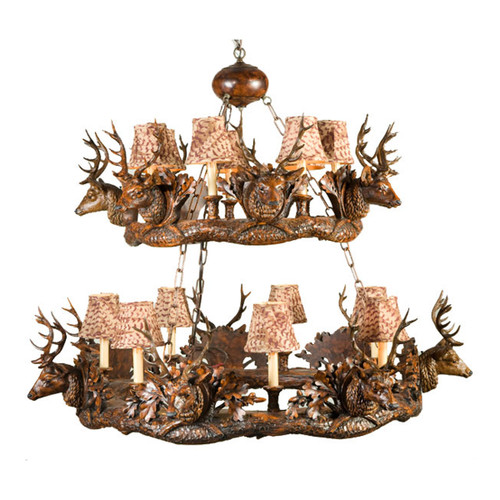 Small Stag Head Two Tier Chandelier - Faux Feather Shades
