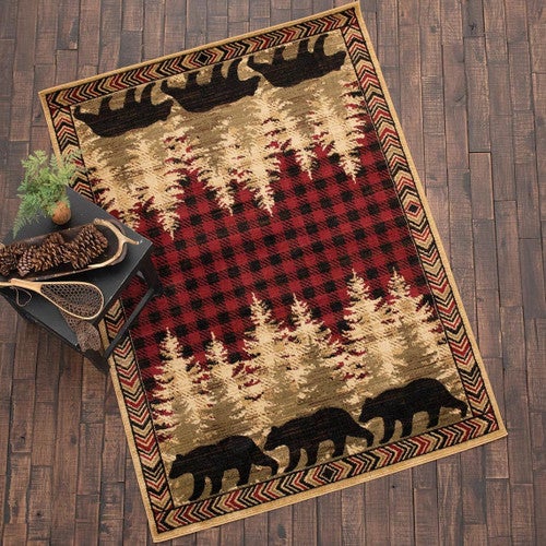 Bear Forest Plaid Red Rug Collection