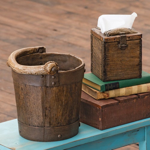 Well Bucket & Old Crate Waste Basket and Tissue Box