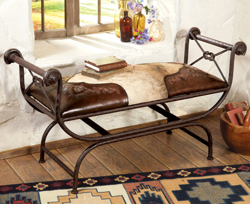 Tooled Leather and Cowhide Bench