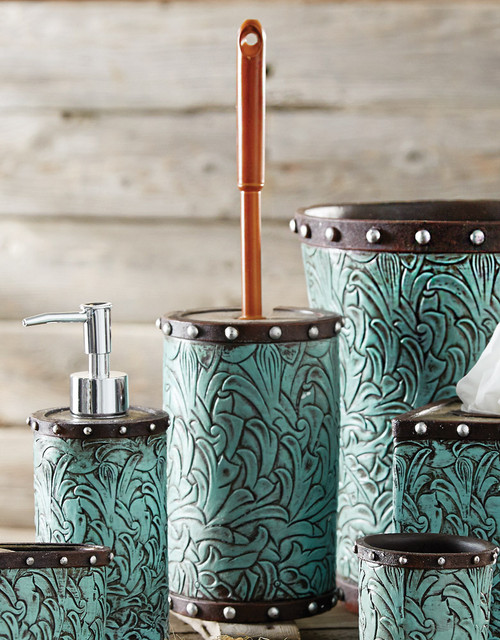 Tooled Turquoise Flowers Toilet Brush Holder