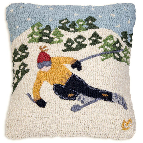 Tree Skier Hooked Wool Pillow