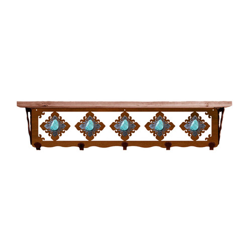 Turquoise Stone 34 Inch Pine Hook Shelf