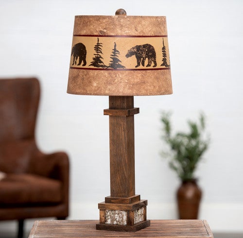 Wood & Poplar Bark Table Lamp with Bear Band Shade