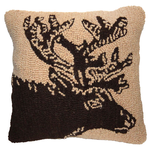 Woodcut Elk Hooked Wool Pillow
