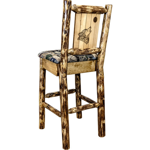 Woodsman Barstool with Back & Laser-Engraved Wolf Design