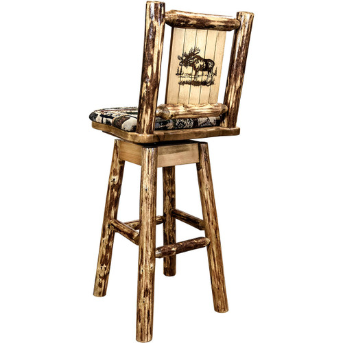 Woodsman Woodland Upholstery Barstool with Back, Swivel & Laser-Engraved Moose Design