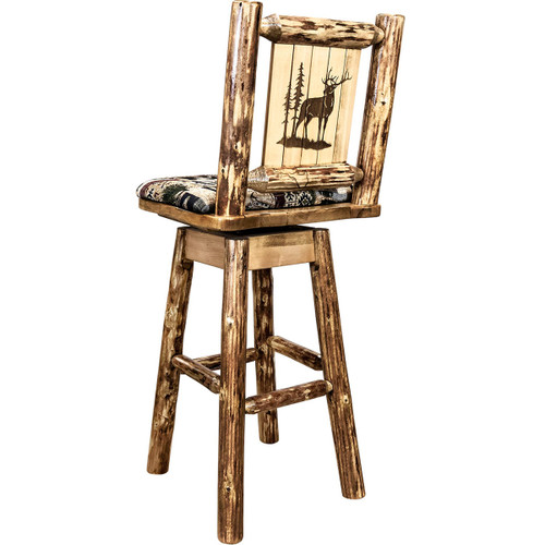 Woodsman Woodland Upholstery Counter Stool with Back, Swivel & Laser-Engraved Elk Design