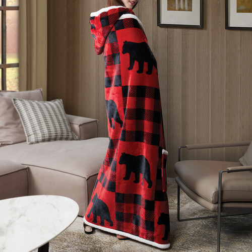 Bear Buffalo Plaid Hooded Sherpa Throw