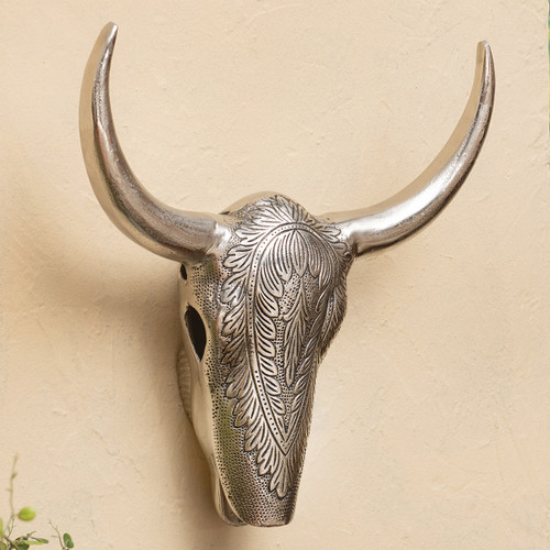 Polished Nickel Metal Bull Skull