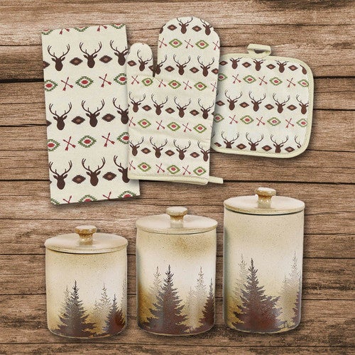 Deer & Pines 13 Pc Canister & Kitchen Linen Set