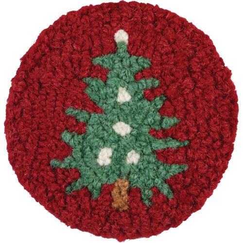 Christmas Tree on Red Hooked Wool Coasters - Set of 4 - OUT OF STOCK UNTIL 08/05/2025