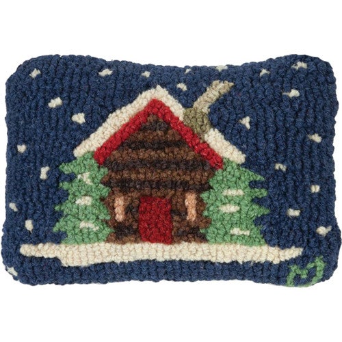 Snowy Cabin Hooked Wool Pillow