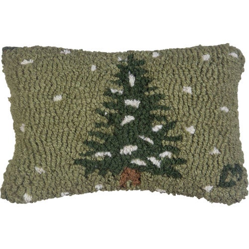 Snowy Tree on Green Hooked Wool Pillow - OUT OF STOCK UNTIL 09/16/2025