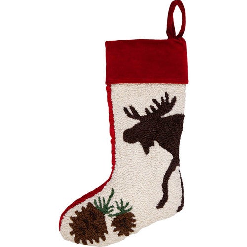 Moose & Pinecone Hooked Wool Christmas Stocking