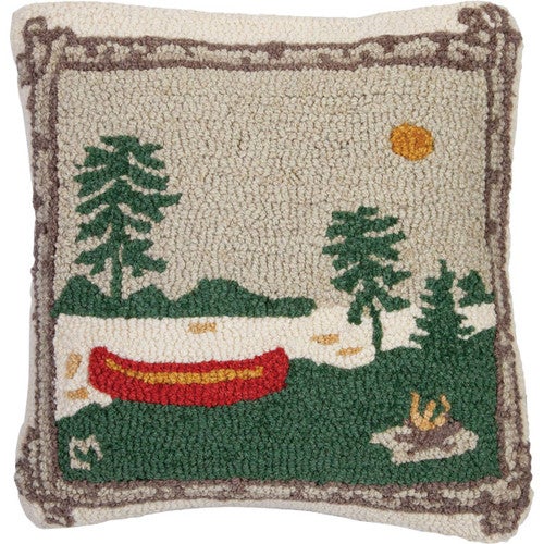 Lakeside Canoe Hooked Wool Pillow