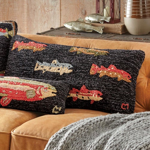 Lake Fish Hooked Wool Pillow